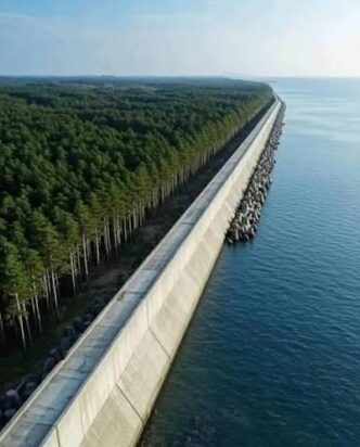 Japan tsunami wall with trees