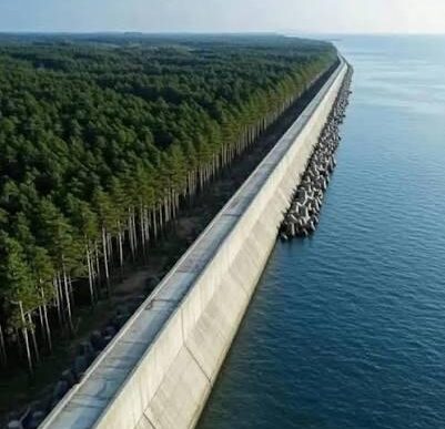 Japan tsunami wall with trees